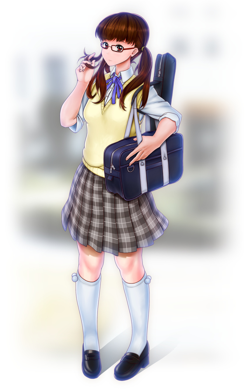 absurdres bag bespectacled brown_eyes brown_hair extra glasses hair_twirling highres k-on! kneehighs long_hair plaid plaid_skirt red-framed_eyewear sakuragaoka_high_school_uniform sasaken school_uniform skirt solo twintails wakaouji_ichigo