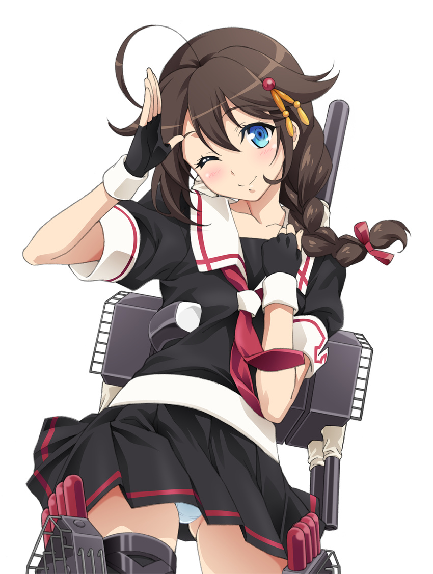 ahoge black_gloves black_serafuku black_skirt blouse blue_eyes blush braid brown_hair cowboy_shot fingerless_gloves gloves hair_flaps hair_ornament hair_over_shoulder hair_ribbon highres kantai_collection looking_at_viewer machinery neckerchief one_eye_closed panties pantyshot pantyshot_(standing) pleated_skirt puffy_short_sleeves puffy_sleeves red_neckwear red_ribbon remodel_(kantai_collection) ribbon sailor_collar salute school_uniform serafuku shigure_(kantai_collection) short_sleeves single_braid skirt smile solo standing transparent_background underwear watanabe_yoshihiro white_panties