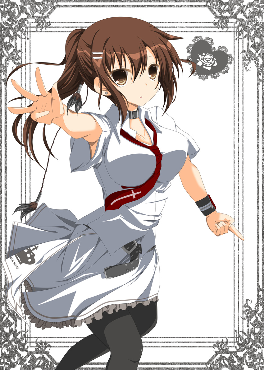 absurdres armpit_peek belt breasts brown_eyes brown_hair collar earrings foreshortening hair_ornament hairclip highres jewelry large_breasts mikami_yuu minakami_yuki necktie pantyhose parted_lips ponytail reaching_out skirt solo subarashiki_hibi wristband