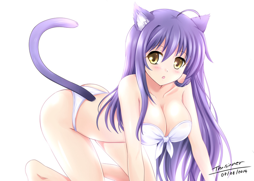2014 ahoge all_fours animal_ears artist_name bikini borrowed_character breasts cat_ears cat_tail cleavage dated large_breasts long_hair looking_at_viewer open_mouth original purple_hair simple_background solo swimsuit tail the-sinner white_background white_bikini yellow_eyes