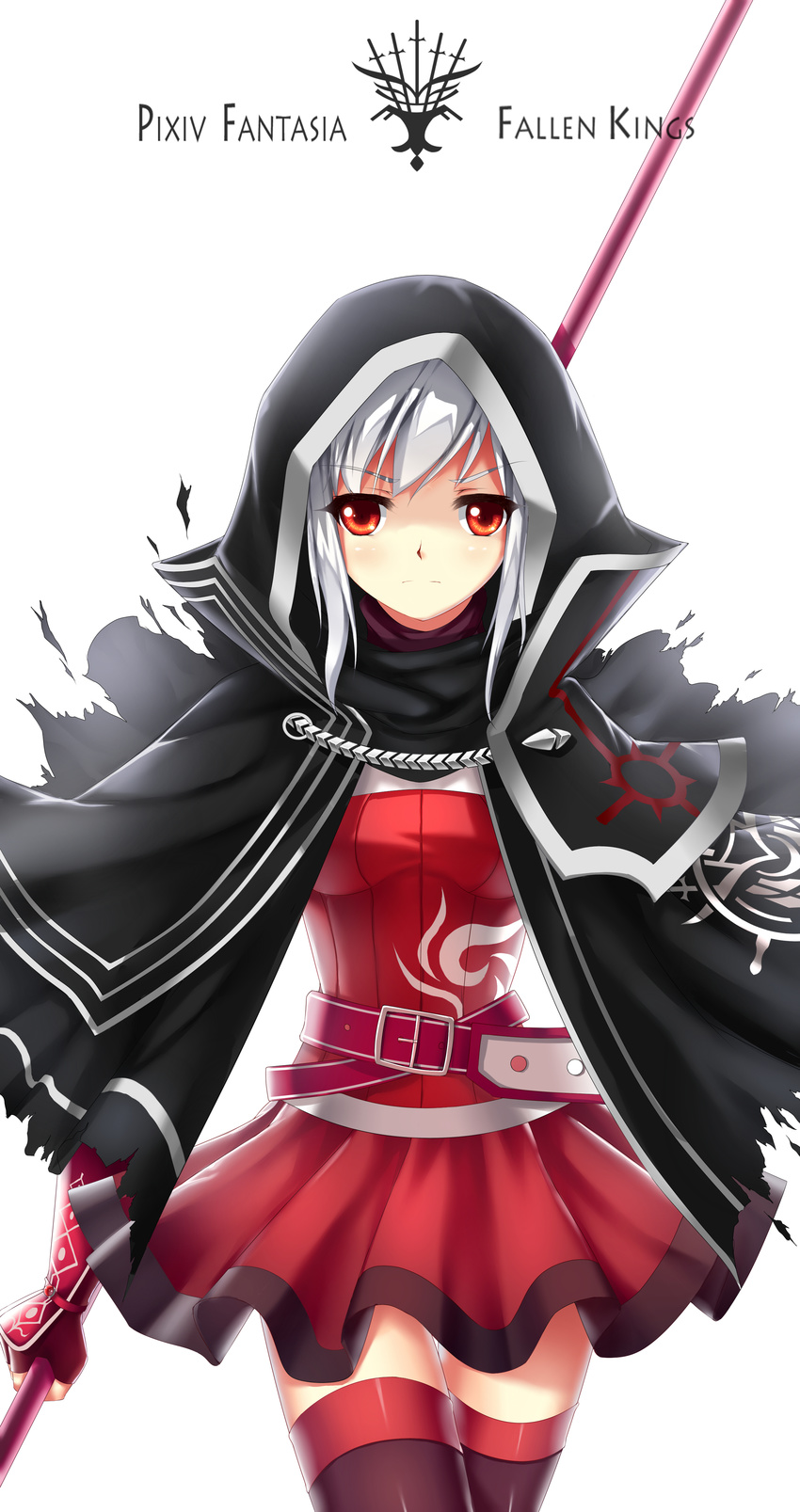 &gt;:( absurdres akabane_(pixiv3586989) cape copyright_name dress frown highres holding hood looking_at_viewer orange_eyes pixiv_fantasia pixiv_fantasia_fallen_kings red_dress silver_hair simple_background smile solo staff thighhighs v-shaped_eyebrows white_background zettai_ryouiki