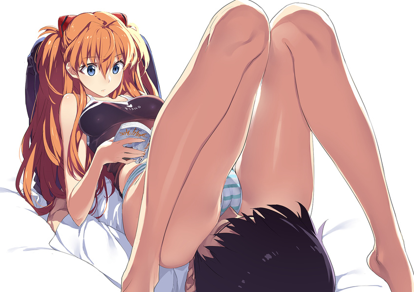 1girl ass bare_legs bare_shoulders barefoot black_hair blue_eyes book breasts cameltoe closed_eyes clothes_writing hair_ornament highres ikari_shinji knees_together_feet_apart legs_up long_hair long_legs lying lying_on_person medium_breasts neon_genesis_evangelion on_back orange_hair panties reading short_hair sitting sitting_on_face sitting_on_person souryuu_asuka_langley striped striped_panties tank_top tatsuwo twintails underwear
