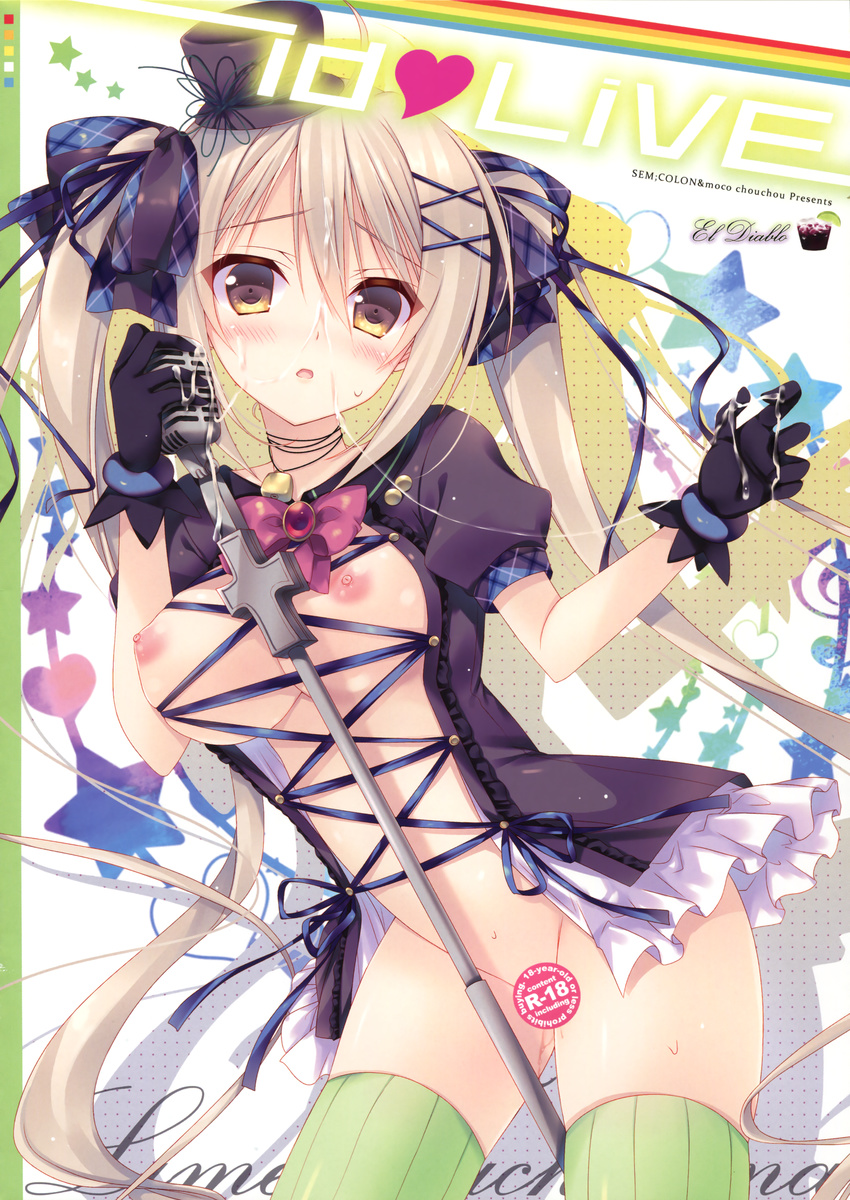 absurdres black_gloves blush breasts censored cover cover_page cum cum_on_body cum_on_breasts cum_on_clothes cum_on_hair cum_on_upper_body doujin_cover full-face_blush gloves green_legwear hat highres idolive large_breasts long_hair microphone microphone_stand mini_hat mini_top_hat mitsu_king nipples no_bra novelty_censor open_clothes open_shirt original parted_lips ribbed_legwear shirt tachibana_lime thighhighs top_hat twintails