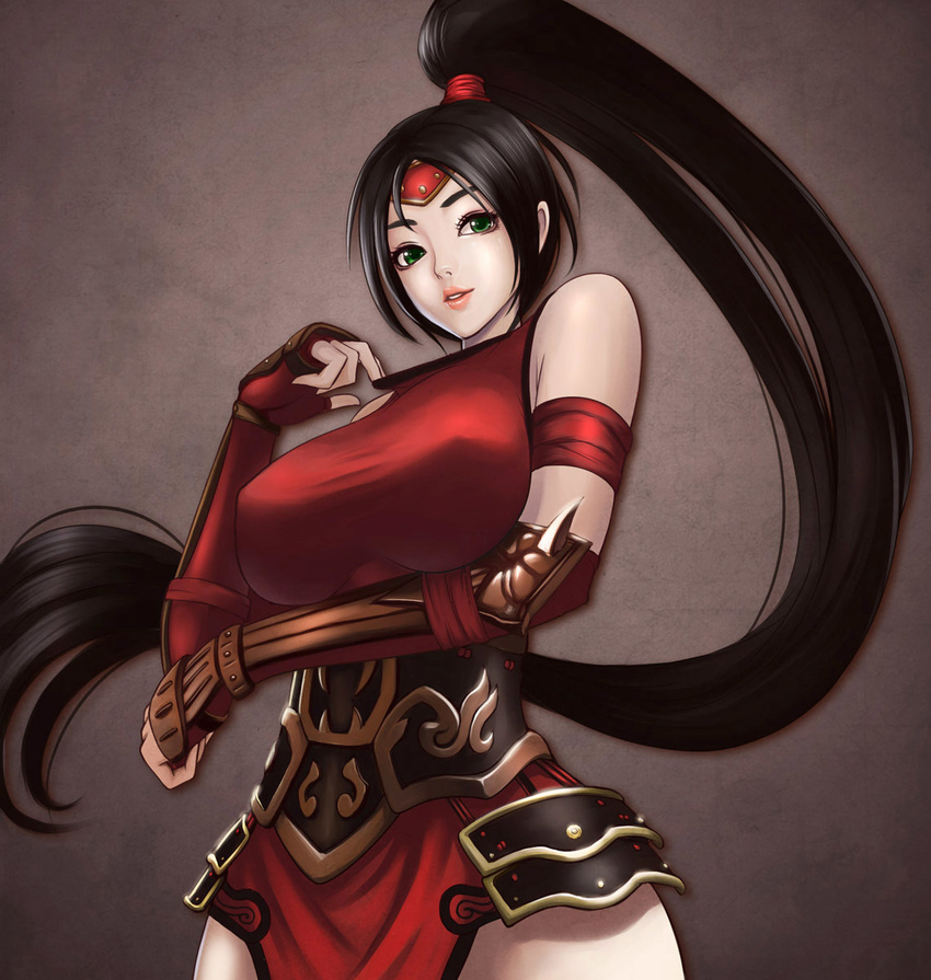 akali alternate_costume armband armor bare_shoulders black_hair breast_hold breasts clenched_hand corset covered_nipples cowboy_shot crimson_akali elbow_gloves faulds fingerless_gloves forehead_protector gloves green_eyes grey_background grin high_ponytail highres hips japanese_clothes large_breasts league_of_legends leotard lips long_hair long_ponytail looking_at_viewer mask mask_pull mask_removed ninja pale_skin pelvic_curtain qinglong_zaitian red_gloves red_leotard scrunchie smile solo spikes taut_clothes vambraces very_long_hair