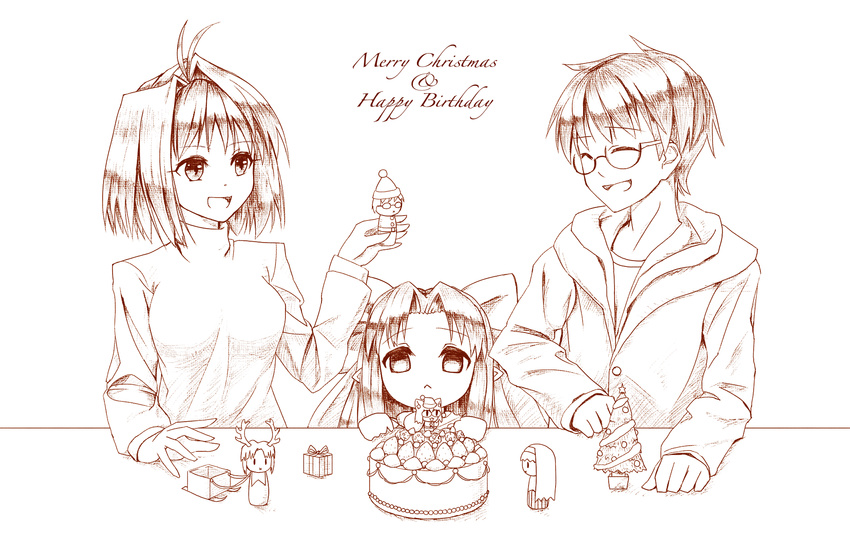 2girls :&lt; :d arcueid_brunestud bad_id bad_pixiv_id birthday black_hair bow cake capelet character_doll christmas food glasses hair_bow hat highres hood hooded_jacket jacket len long_skirt megurimu monochrome multiple_girls nekoarc open_mouth pointy_ears ribbon_bangs short_hair skirt smile strawberry_shortcake sweater toono_shiki tsukihime turtleneck