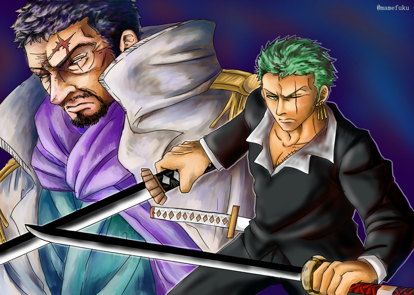 2boys black_hair blind dressrosa dual_wielding earrings facial_hair green_hair highres issho_(fujitora) jacket_on_shoulders jewelry mamefuku marine multiple_boys one-eyed one_piece pirate roronoa_zoro scar sword weapon