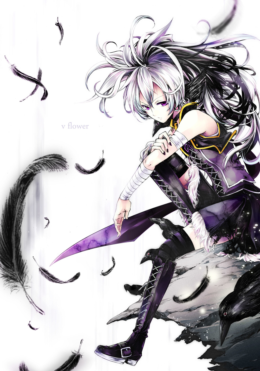 absurdres animal animal_on_shoulder bandages bare_shoulders bird bird_on_shoulder black_hair boots character_name choker corset cropped_jacket crow detached_sleeves feathers flower_(vocaloid) fur_trim high_ponytail highres long_hair long_sleeves multicolored_hair nekoritatsuki over-kneehighs ponytail purple_eyes purple_skirt ribbon single_sleeve sitting skirt skirt_set solo striped striped_legwear thighhighs torn_clothes torn_skirt two-tone_hair vocaloid white_hair
