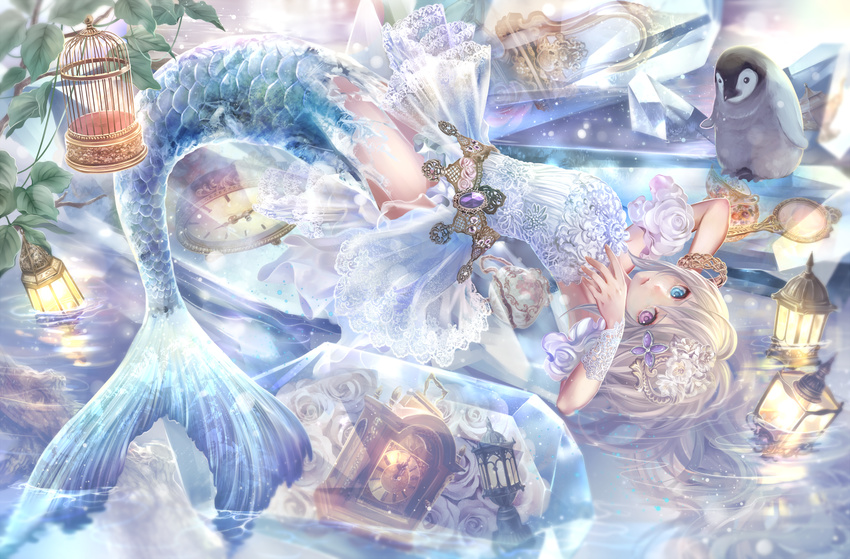 bad_id bad_pixiv_id bird birdcage cage clock dress flower frills hair_ornament hand_mirror heterochromia ice lamp lamppost long_hair looking_at_viewer lying mermaid mirror monster_girl original penguin revision rose silver_hair solo strapless strapless_dress torino_akua water