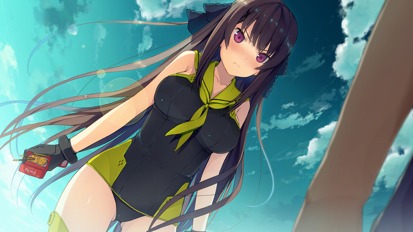 1girl akinashi_yuu angry ao_no_kanata_no_four_rhythm black_hair blush breasts candy cloud clouds collarbone game_cg gloves hair_ribbon highres large_breasts legs long_hair looking_away panties purple_eyes ribbon sky solo sprite_(company) thighs tobisawa_misaki underwear