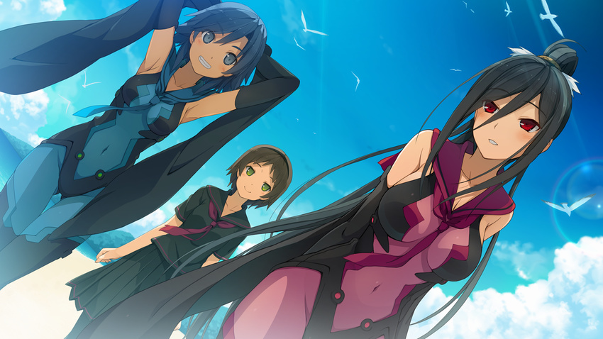3girls akinashi_yuu ao_no_kanata_no_four_rhythm armpits arms_up black_hair blue_eyes blue_hair blush breasts clenched_teeth cloud clouds game_cg green_eyes highres large_breasts legs long_hair looking_at_viewer looking_back multiple_girls ponytail red_eyes school_uniform short_hair skirt sky small_breasts smile sprite_(company) standing teeth thighs