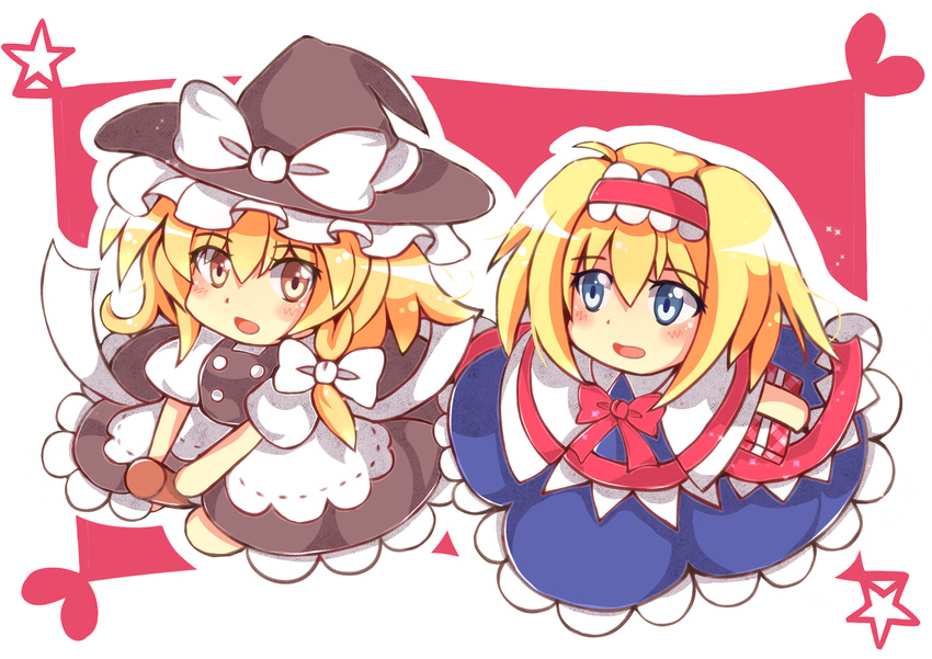 acoco alice_margatroid apron ascot blue_eyes blush book braid broom broom_riding capelet grimoire grimoire_of_alice hat highres holding holding_book kirisame_marisa long_hair multiple_girls open_mouth short_hair side_braid touhou waist_apron witch_hat yellow_eyes
