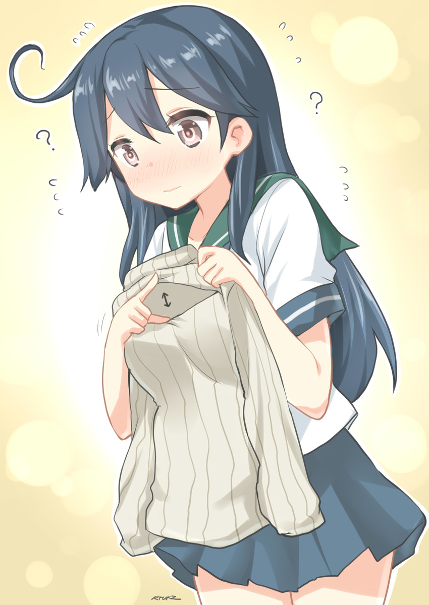 ? absurdres blue_hair blush brown_eyes flying_sweatdrops highres kantai_collection long_hair meme_attire nose_blush open-chest_sweater ryuki_(ryukisukune) school_uniform serafuku skirt solo sweater ushio_(kantai_collection)