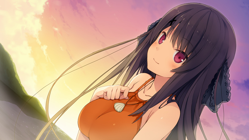 1girl akinashi_yuu ao_no_kanata_no_four_rhythm bare_shoulders black_hair blush breasts cloud clouds collarbone evening game_cg highres large_breasts long_hair looking_at_viewer mountain ocean pink_eyes sky smile solo sprite_(company) tobisawa_misaki water