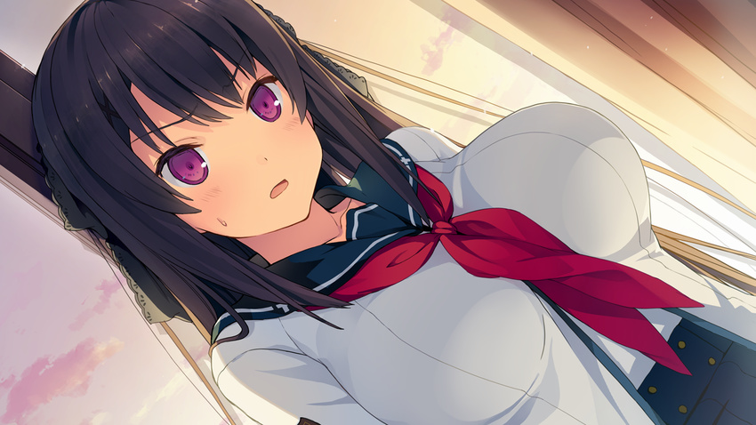 1girl akinashi_yuu ao_no_kanata_no_four_rhythm black_hair blush breasts cloud clouds curtains evening game_cg highres huge_breasts long_hair looking_away open_mouth pink_eyes school_uniform sky solo sprite_(company) sweatdrop tobisawa_misaki window