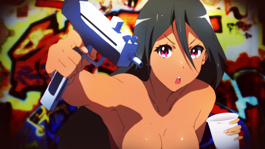 1girl artist_request black_hair breasts character_request cleavage copyright_request female graffiti gun imi_uzi looking_at_viewer solo submachine_gun weapon