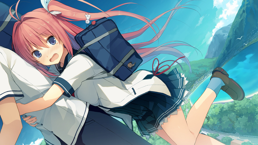 1girl akinashi_yuu ao_no_kanata_no_four_rhythm bag blue_eyes blush breast_press breasts cloud clouds game_cg highres hug kurashina_asuka large_breasts long_hair looking_back mountain open_mouth red_hair school_bag school_uniform shoes side_ponytail skirt sky socks sprite_(company) tears