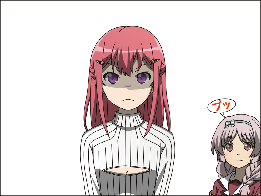 &gt;:( braid breast_conscious breasts brown_eyes cleavage cleavage_cutout commentary_request frown hair_ornament hairband hairclip inou-battle_wa_nichijou-kei_no_naka_de kanzaki_tomoyo kushikawa_hatoko long_hair looking_at_viewer medium_hair meme_attire multiple_girls open-chest_sweater purple_eyes red_hair ribbed_sweater school_uniform serafuku shaded_face silver_hair simple_background small_breasts smile sweater todo_(masa3373) translation_request twin_braids v-shaped_eyebrows white_background
