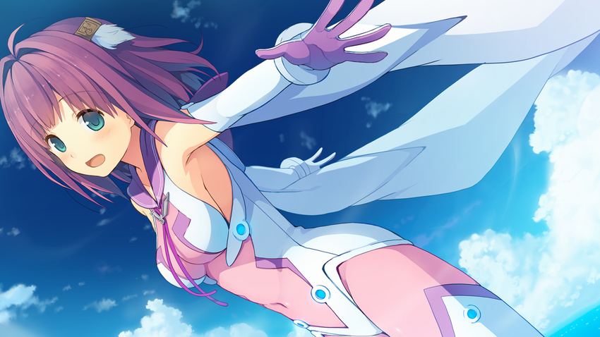 1girl akinashi_yuu ao_no_kanata_no_four_rhythm aqua_eyes armpits blush bodysuit breasts cloud clouds elbow_gloves flying game_cg gloves happy highres ichinose_rika legs looking_at_viewer navel ocean open_mouth purple_hair short_hair sky smile solo sprite_(company) thighs water