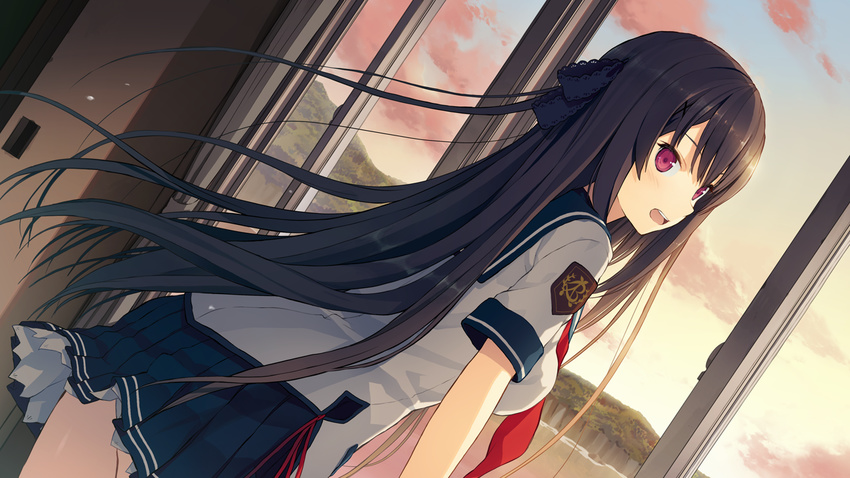 1girl akinashi_yuu ao_no_kanata_no_four_rhythm black_hair blush breasts cloud clouds evening game_cg highres large_breasts legs long_hair looking_back open_mouth pink_eyes school_uniform sideboob skirt sky smile solo sprite_(company) standing thighs tobisawa_misaki wind window