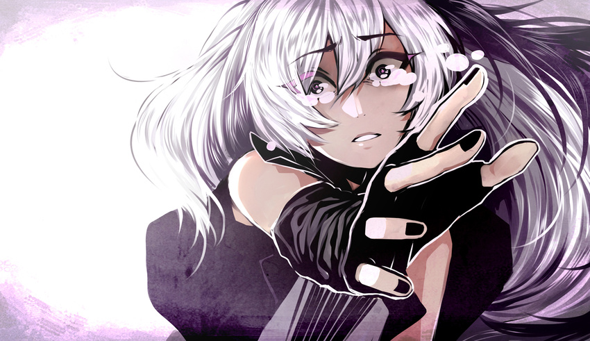bare_shoulders black_gloves black_hair black_nails crying crying_with_eyes_open elbow_gloves fingerless_gloves flower_(vocaloid) gloves long_hair multicolored_hair nail_polish outstretched_hand parted_lips purple_eyes shivaroushi solo tears two-tone_hair vocaloid white_hair wide-eyed