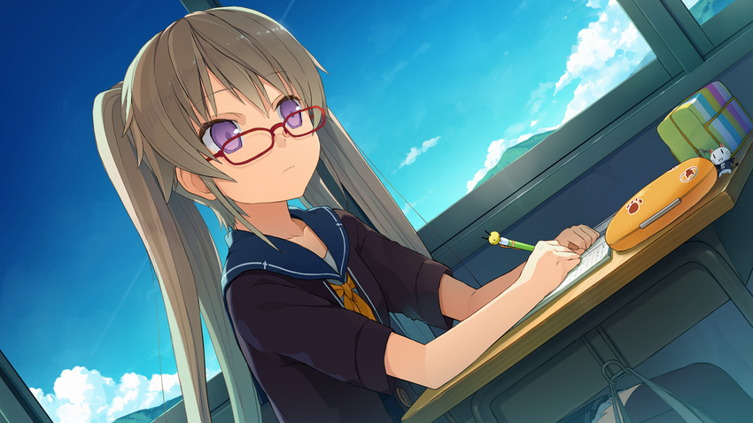 1girl akinashi_yuu ao_no_kanata_no_four_rhythm arisaka_mashiro black_legwear book brown_hair classroom cloud clouds desk game_cg glasses highres legs long_hair looking_away pencil_case purple_eyes school_uniform serious sitting skirt sky solo sprite_(company) thighs twintails window writing