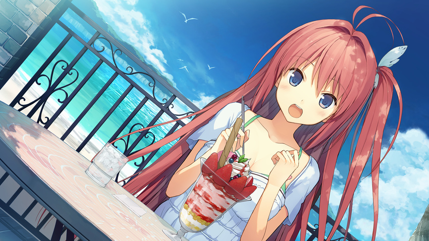 1girl akinashi_yuu ao_no_kanata_no_four_rhythm blue_eyes blush breasts cloud clouds collarbone cup food fruit game_cg happy highres ice ice_cream kurashina_asuka large_breasts long_hair looking_at_viewer ocean open_mouth red_hair side_ponytail sitting sky smile solo spoon sprite_(company) strawberry sundae table water