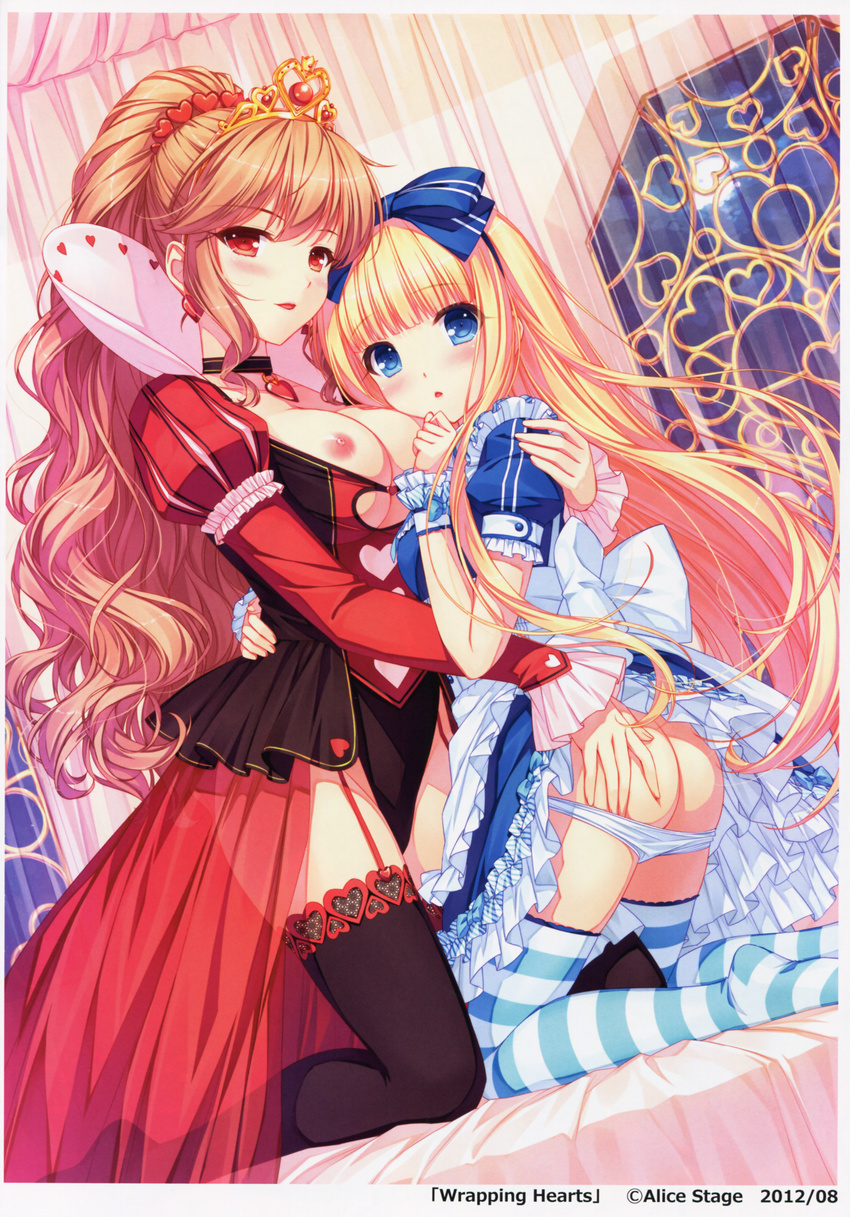 absurdres alice_(wonderland) alice_in_wonderland ass ass_grab blonde_hair blue_eyes blush breasts brown_hair diadem dress earrings frills garter_belt hair_ribbon hand_on_another's_shoulder hand_to_own_mouth heart highres jewelry large_breasts long_hair multiple_girls necklace nipples non-web_source original panties panty_pull puff_and_slash_sleeves puffy_sleeves queen_of_hearts red_eyes ribbon sayori supportasse thighhighs underwear undressing very_long_hair white_panties yuri