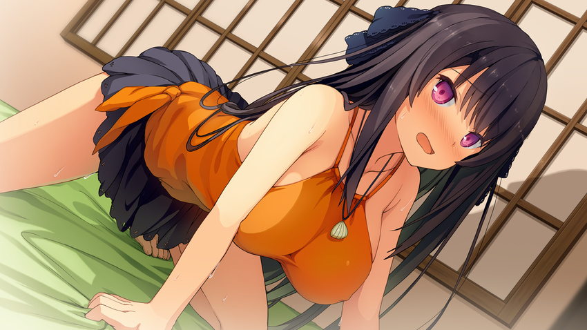 1girl akinashi_yuu all_fours ao_no_kanata_no_four_rhythm bare_shoulders barefoot bed black_hair blush breasts feet game_cg highres huge_breasts legs long_hair looking_back open_mouth pink_eyes skirt solo sprite_(company) sweat thighs tobisawa_misaki toes