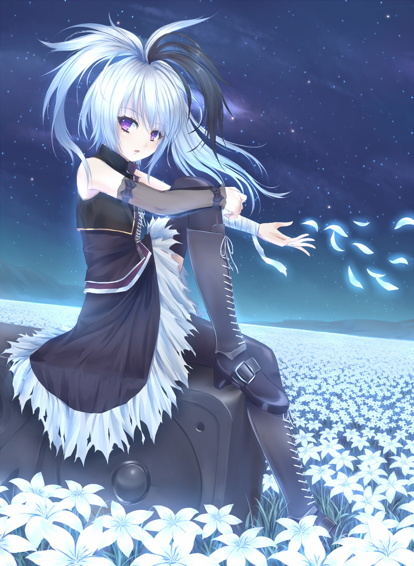 armlet bandages bare_shoulders black_hair black_legwear black_skirt blush bow choker corset detached_sleeves field flower flower_(vocaloid) flower_field high_heels highres lely long_hair long_sleeves multicolored_hair night night_sky open_mouth petals purple_eyes sitting skirt skirt_set sky solo star_(sky) thighhighs two-tone_hair vest vocaloid white_hair wristband