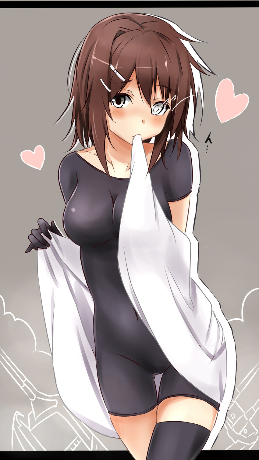 absurdres alternate_costume black_legwear blush bodysuit breasts brown_hair collarbone covered_navel cowboy_shot furutaka_(kantai_collection) glowing glowing_eye grey_eyes hair_ornament hairclip heart highres kantai_collection looking_at_viewer medium_breasts mouth_hold older remodel_(kantai_collection) saku_(kudrove) single_thighhigh solo thigh_gap thighhighs