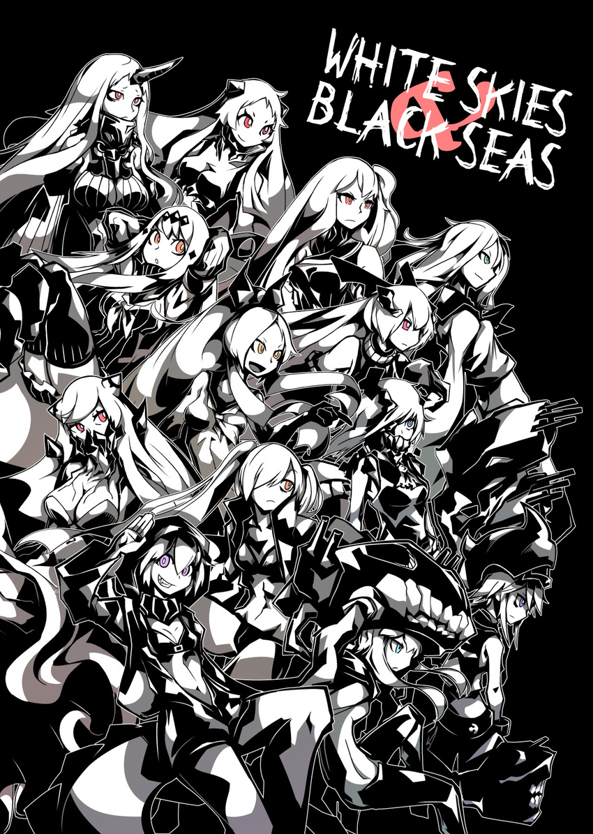 aircraft_carrier_oni aircraft_carrier_water_oni airfield_hime anchorage_oni armored_aircraft_carrier_oni arms_behind_head ascot bare_shoulders bikini_top black_background bodysuit breasts covering_mouth crop_top deel_(rkeg) destroyer_hime detached_sleeves dress everyone fangs grin hair_ornament hair_over_one_eye headgear high_ponytail highres hood hoodie horn horns jacket kantai_collection large_breasts long_hair mask md5_mismatch midriff midway_hime monster_girl multiple_girls navel ne-class_heavy_cruiser neckerchief one_side_up orange_eyes ponytail purple_eyes re-class_battleship red_eyes ribbed_dress sailor_collar sailor_dress salute school_uniform seaport_hime serafuku shinkaisei-kan short_dress short_hair simple_background smile southern_ocean_oni ta-class_battleship tentacles thighhighs twintails very_long_hair wo-class_aircraft_carrier zettai_ryouiki