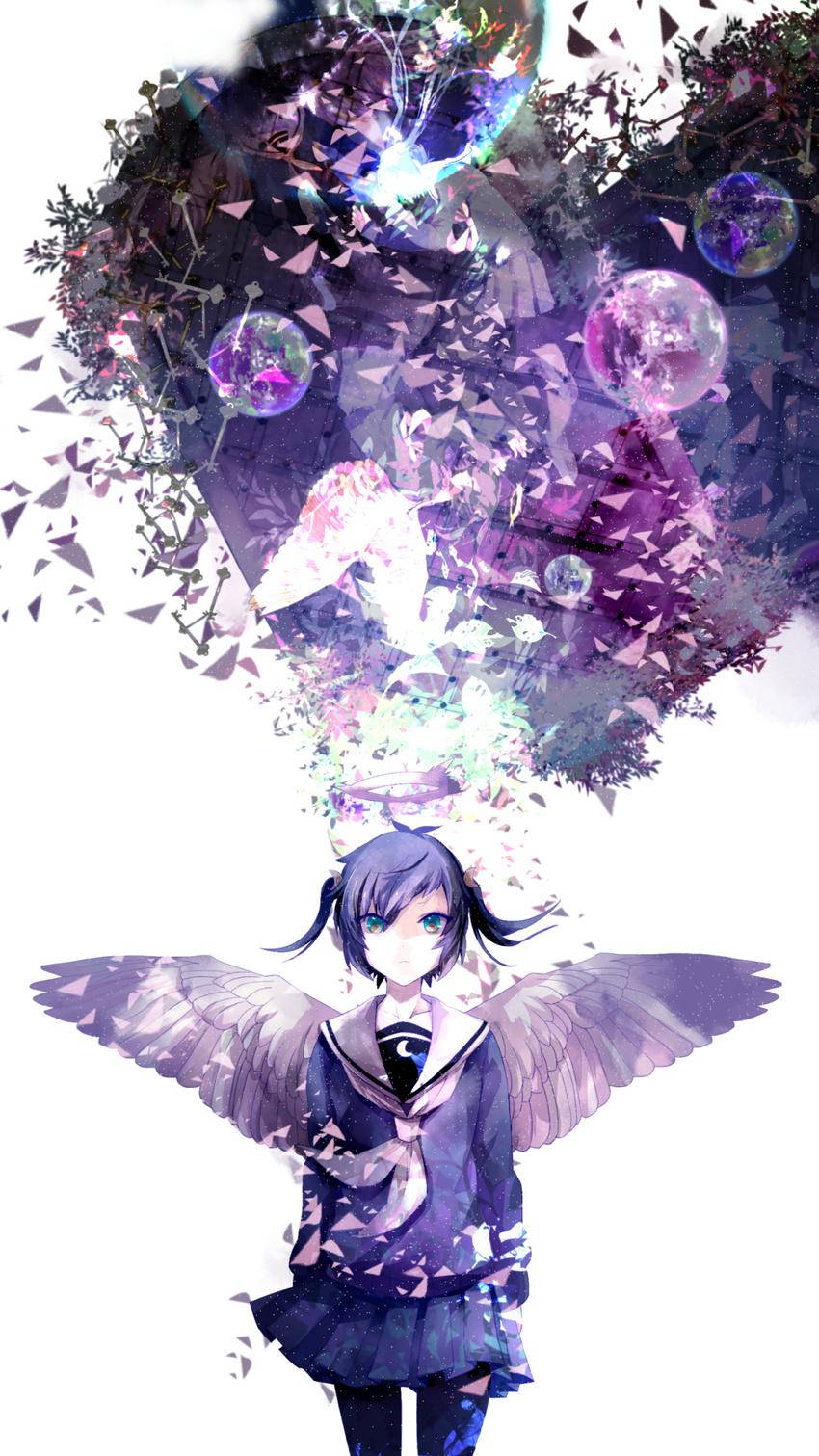 angel_wings bad_id bad_pixiv_id black_hair blue_eyes colorful frown halo highres hoshima looking_at_viewer original pantyhose pleated_skirt school_uniform serafuku short_hair short_twintails silhouette skirt solo twintails wings