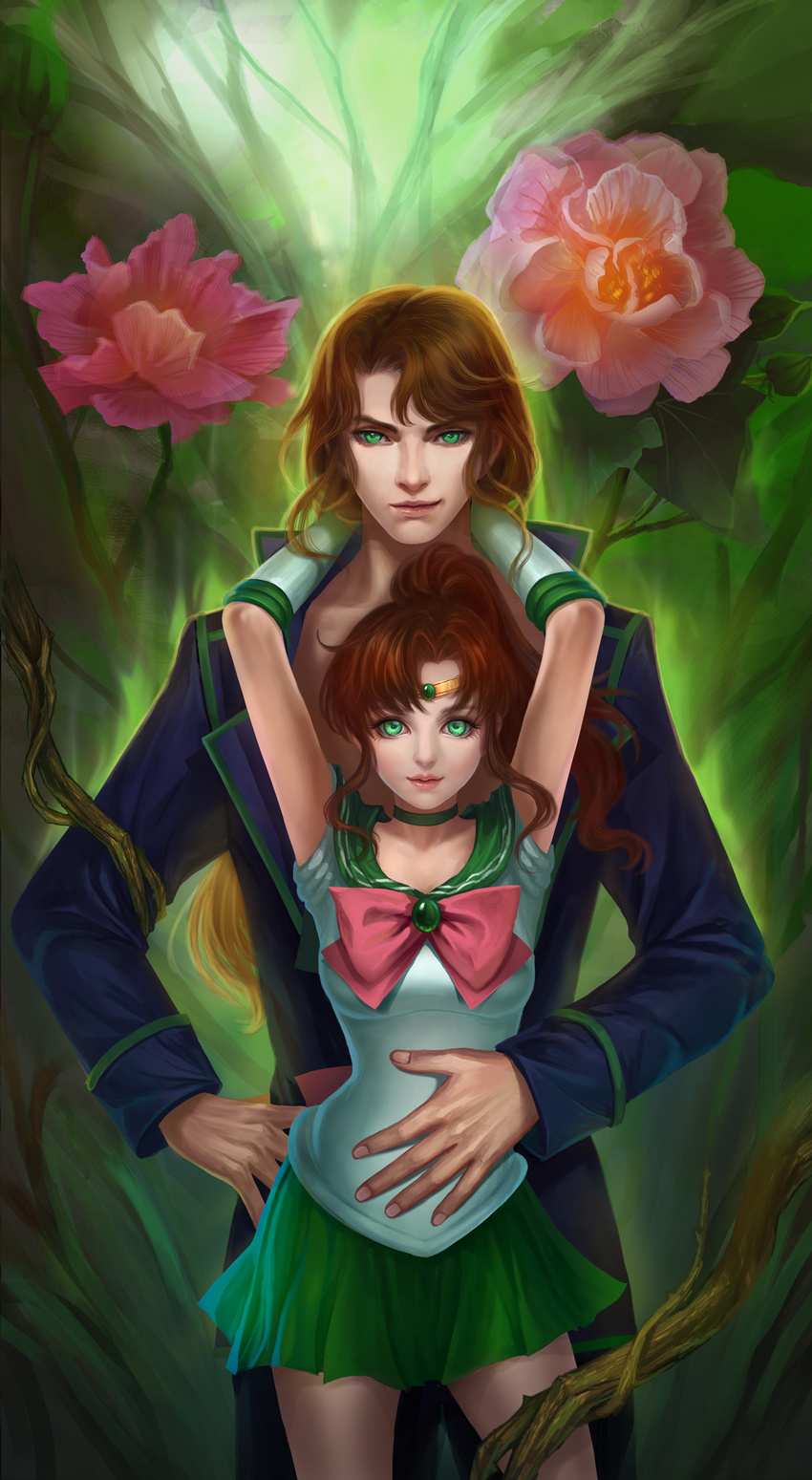 1girl arms_up bishoujo_senshi_sailor_moon bow brown_hair choker circlet couple cowboy_shot elbow_gloves flower gem gloves green_background green_choker green_eyes green_sailor_collar green_skirt hand_on_another's_stomach hetero high_ponytail highres hug hug_from_behind kino_makoto looking_at_viewer nephrite_(sailor_moon) pink_bow sailor_collar sailor_jupiter sailor_senshi_uniform sanmeosore_ryuuebi skirt smirk white_gloves wood