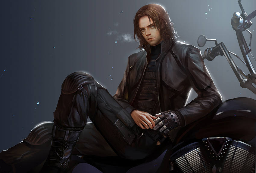 blue_eyes brown_hair captain_america_the_winter_soldier cdash817 cyborg ground_vehicle jacket james_buchanan_barnes leather leather_jacket male_focus marvel mechanical_arm motor_vehicle motorcycle realistic solo winter_soldier