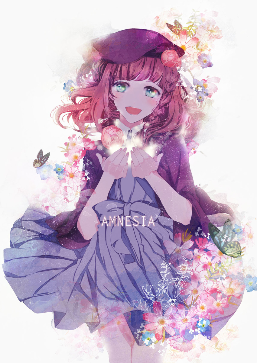 :d amnesia_(idea_factory) bangs blue_dress blunt_bangs blush braid bug butterfly copyright_name cowboy_shot dress english fingernails floral_background flower green_eyes happy hat heroine_(amnesia) highres insect jacket light_particles looking_at_viewer motyaaaaaaa nail_polish open_mouth red_hair ribbon short_hair smile solo standing text_focus