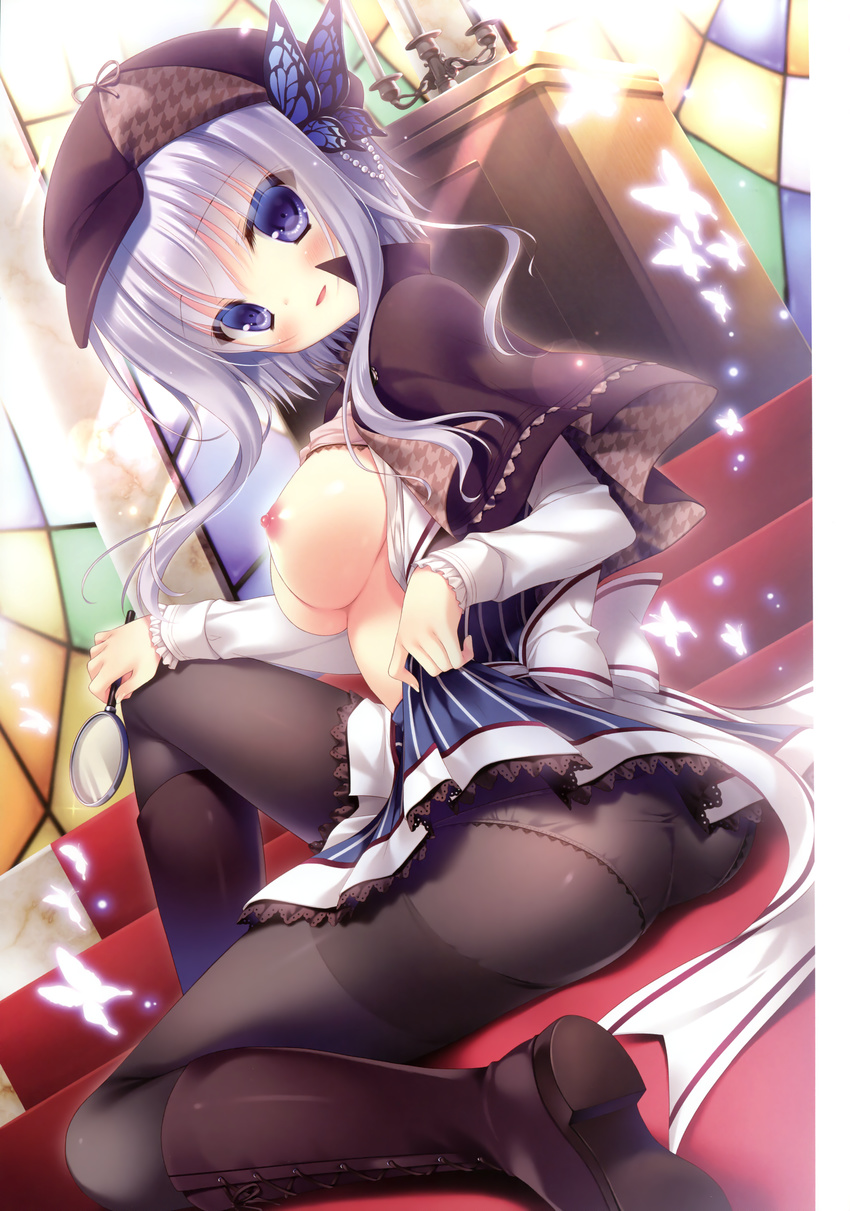 absurdres ass black_legwear blue_eyes blush boots bra bra_lift breasts butterfly_hair_ornament cabbie_hat capelet hair_ornament hakoniwa_logic hat highres knee_up lavender_hair long_sleeves maezono_kirika magnifying_glass medium_breasts nipples panties panties_under_pantyhose pantyhose pink_bra sitting skirt skirt_lift stairs thighband_pantyhose underwear yukie_(peach_candy)