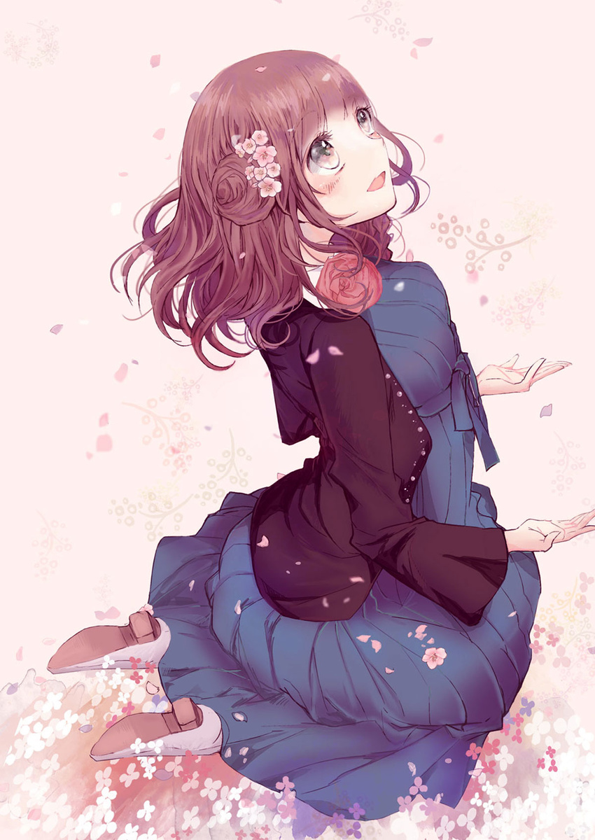 :d amnesia_(idea_factory) black_jacket blue_dress blush braid brown_eyes brown_hair dress flower hair_flower hair_ornament heroine_(amnesia) highres jacket kneeling long_dress looking_up motyaaaaaaa open_mouth seiza shoes side_braid side_bun sitting smile solo wavy_hair