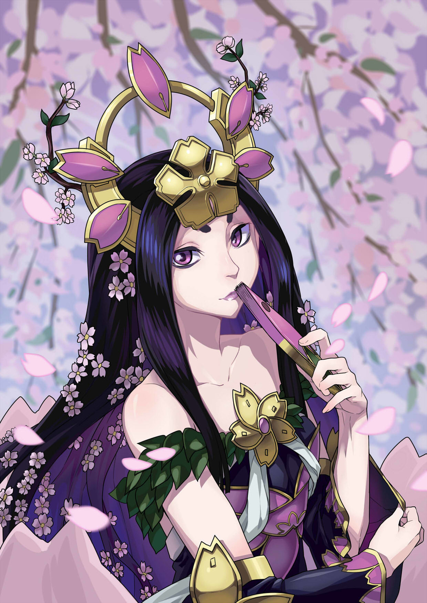 black_hair blurry collarbone depth_of_field detached_sleeves duel_monster fan folding_fan frostcyco headgear highres holding long_hair looking_at_viewer petals purple_eyes solo talaya_princess_of_cherry_blossoms yuu-gi-ou