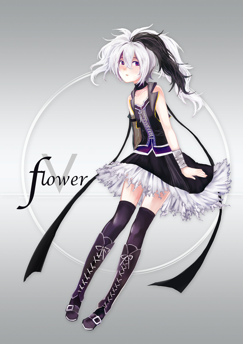 71pen bandages bare_shoulders black_hair black_skirt blush boots character_name choker collarbone corset cross-laced_footwear detached_sleeves flower_(vocaloid) full_body gradient gradient_background highres lace-up_boots long_hair long_sleeves looking_away multicolored multicolored_eyes multicolored_hair open_mouth over-kneehighs purple_eyes red_eyes skirt skirt_set solo thighhighs torn_clothes torn_skirt two-tone_hair vest vocaloid white_hair zettai_ryouiki