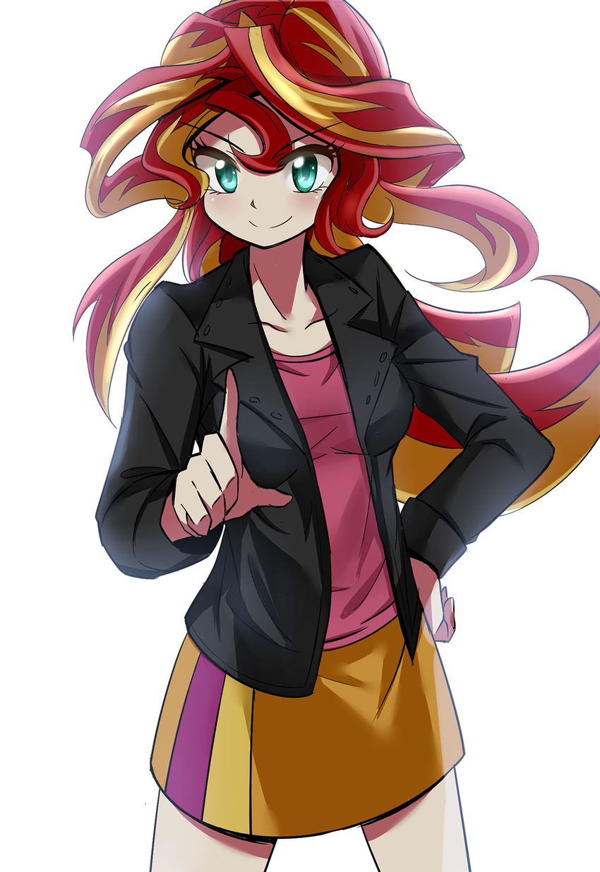 &gt;:) aqua_eyes black_jacket blonde_hair caibao closed_mouth collarbone cowboy_shot eyebrows_visible_through_hair hair_between_eyes hand_on_hip highres index_finger_raised jacket legs_apart long_hair long_sleeves looking_at_viewer multicolored_hair my_little_pony my_little_pony_equestria_girls my_little_pony_friendship_is_magic open_clothes open_jacket orange_skirt personification pink_shirt red_hair shirt simple_background skirt smile solo standing sunset_shimmer two-tone_hair v-shaped_eyebrows white_background