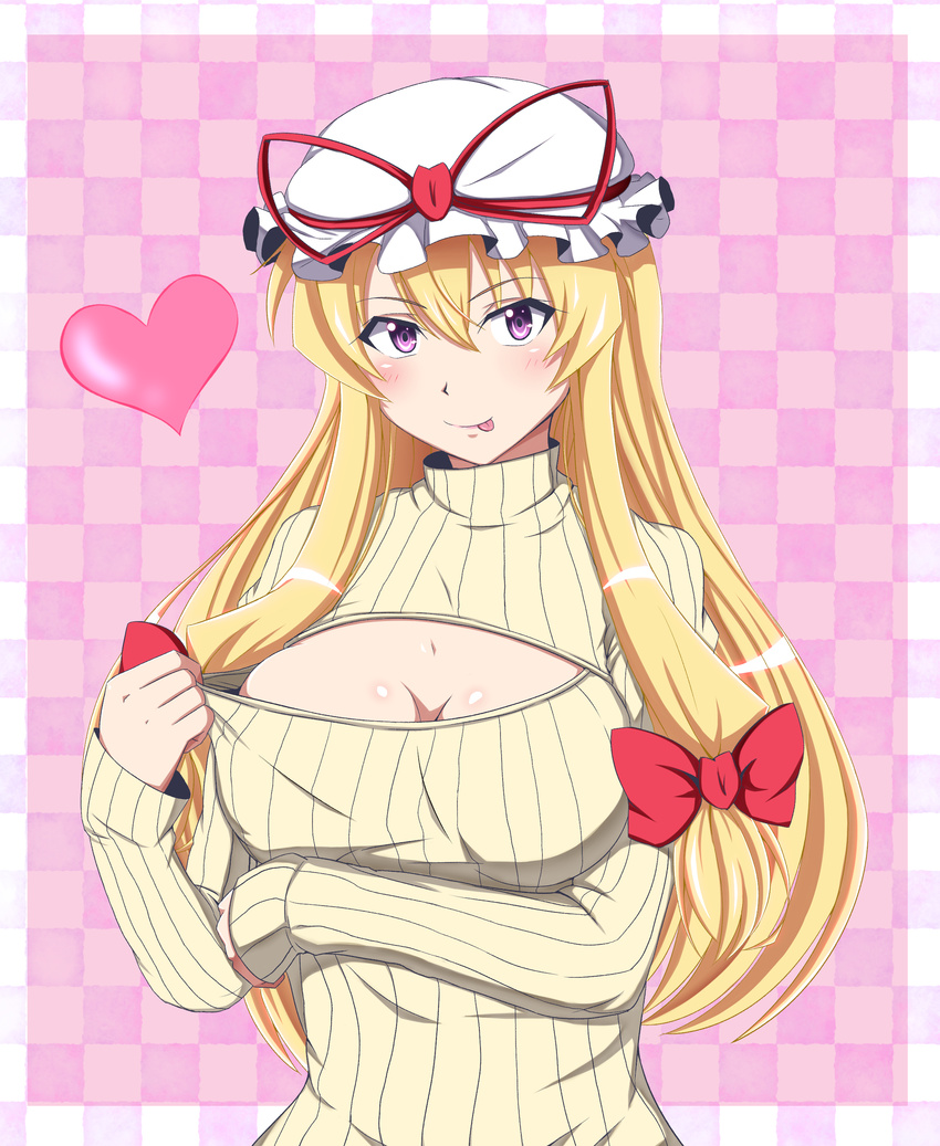 :p absurdres blonde_hair blush breast_rest breasts checkered checkered_background cleavage clothes_tug hat hat_ribbon heart highres kyoukyan large_breasts long_hair meme_attire mob_cap open-chest_sweater purple_eyes ribbed_sweater ribbon smile solo sweater sweater_tug tongue tongue_out touhou turtleneck upper_body yakumo_yukari