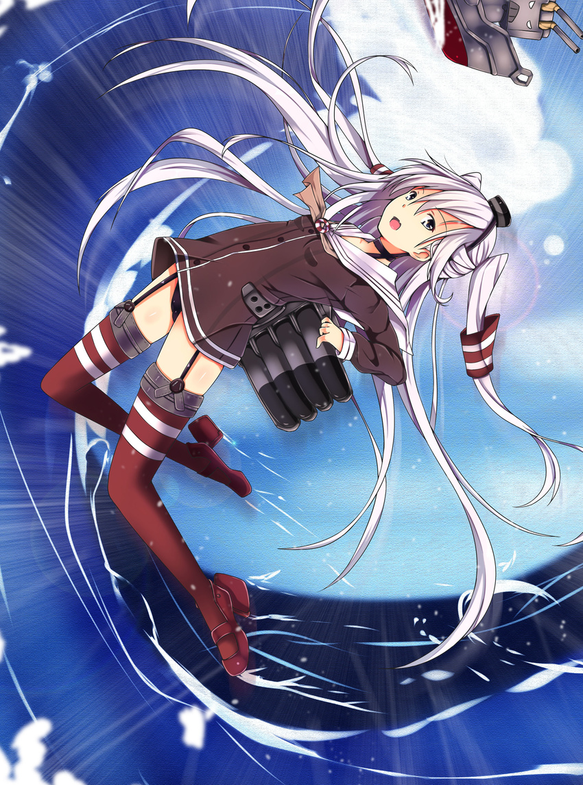 absurdres amatsukaze_(kantai_collection) bad_id bad_pixiv_id black_panties blue_sky brown_dress brown_eyes choker day dress erimu garter_straps hair_tubes headgear high_heels highres kantai_collection long_hair machinery neckerchief ocean open_mouth panties pantyshot red_legwear rensouhou-kun sailor_collar sailor_dress see-through silver_hair sky striped striped_legwear thighhighs two_side_up underwear waves