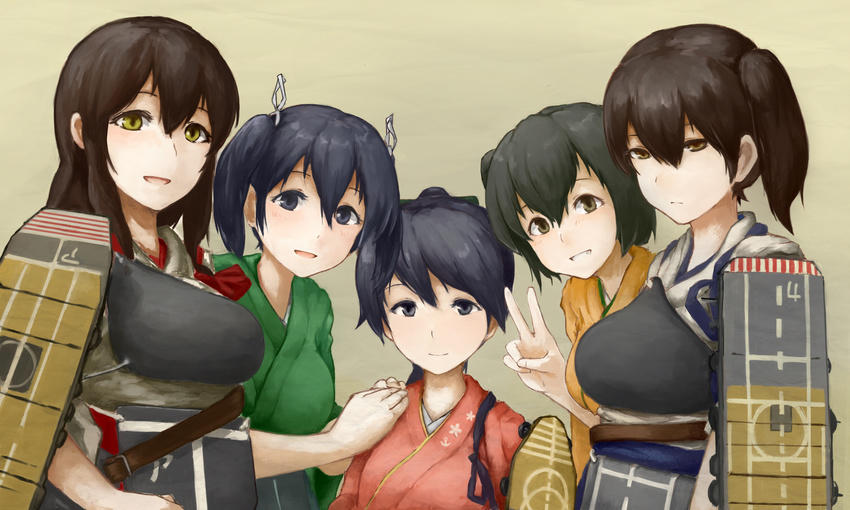 akagi_(kantai_collection) bad_id bad_pixiv_id belt black_eyes black_hair blue_eyes breasts brown_eyes brown_hair expressionless flight_deck grin group_picture hair_between_eyes hair_ribbon hands_on_another's_shoulder height_difference hiryuu_(kantai_collection) houshou_(kantai_collection) japanese_clothes kaga_(kantai_collection) kantai_collection kimono long_hair looking_at_viewer medium_breasts multiple_girls muneate nemubusoku open_mouth ponytail ribbon short_hair side_ponytail smile souryuu_(kantai_collection) strap tasuki twintails upper_body v yellow_eyes