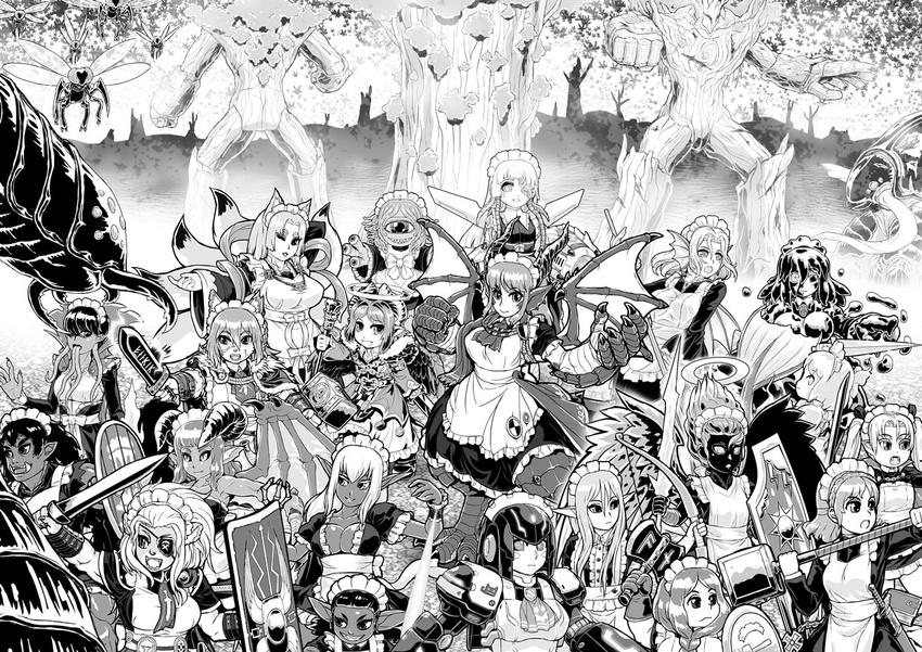 angel angel_wings apron asymmetrical_wings axe battle beholder black_skin bow_(weapon) braid breasts claws cleavage cyclops dark_elf dark_skin demon_girl demon_horns demon_wings dragon_girl dragon_tail dragon_wings dual_wielding dwarf elf extra_eyes eyepatch fangs feathered_wings giant_insect goblin goo_girl greyscale grin halo head_fins holding horns humanoid_robot kensaint kitsune long_hair maid maid_apron maid_headdress medium_breasts mermaid monochrome monster_girl multiple_girls multiple_tails multiple_tongues one-eyed one_eye_closed open_mouth orc original pointy_ears scales scepter sharp_teeth shield single_braid slit_pupils smile sword tail teeth treant tusks vambraces vampire warhammer weapon wings wrist_cuffs