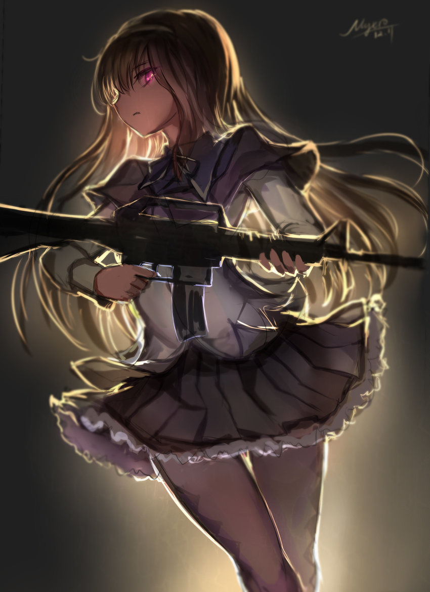 akemi_homura argyle argyle_legwear assault_rifle backlighting black_hair black_legwear black_ribbon capelet car-15 gun hairband highres holding holding_gun holding_weapon long_hair magical_girl mahou_shoujo_madoka_magica myero pantyhose parted_lips profile purple_eyes ribbon rifle school_uniform skirt solo walking weapon