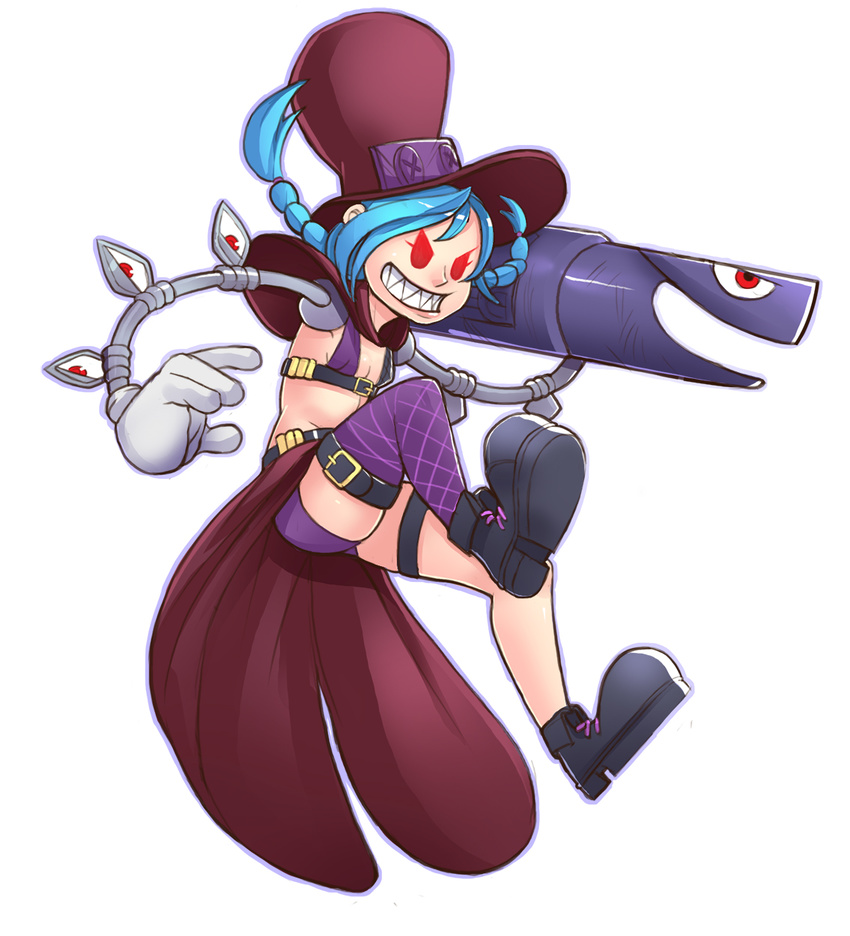 blue_hair boots braid extra_eyes eye_socket fishnet_legwear fishnets flat_chest fusion gloves greenmarine hat highres jinx_(league_of_legends) league_of_legends long_hair mechanical_arms peacock_(skullgirls) purple_legwear red_eyes rocket_launcher sarah_anne_williams seiyuu_connection sharp_teeth short_shorts shorts showgirl_skirt single_thighhigh skullgirls solo teeth thighhighs top_hat twin_braids weapon white_gloves