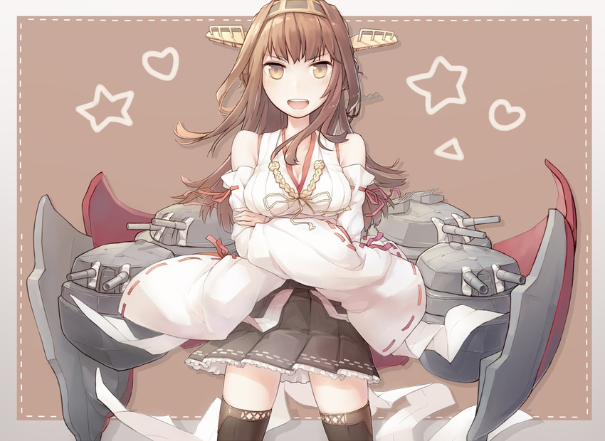 border breast_hold breasts brown_background brown_eyes brown_hair cannon cowboy_shot crossed_arms detached_sleeves double_bun doyou_tengoku_pikaraji gunbuster_pose headgear heart kantai_collection kongou_(kantai_collection) long_hair looking_at_viewer mecha_musume medium_breasts miniskirt nontraditional_miko open_mouth pleated_skirt ribbon-trimmed_sleeves ribbon_trim skirt smile solo star thighhighs triangle turret zettai_ryouiki