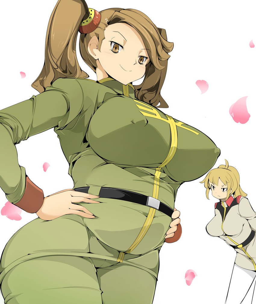 2girls belt blonde_hair breasts brown_eyes brown_hair cameltoe covered_navel erect_nipples female from_below gundam gundam_build_fighters gundam_build_fighters_try hair_ornament hand_on_hips highres hoshino_fumina huge_breasts impossible_clothes impossible_shirt long_hair long_twintails looking_at_viewer multiple_girls navel plump ponytail sazaki_kaoruko shirt simple_background smile standing twintails uniform zinger_(excess_m)