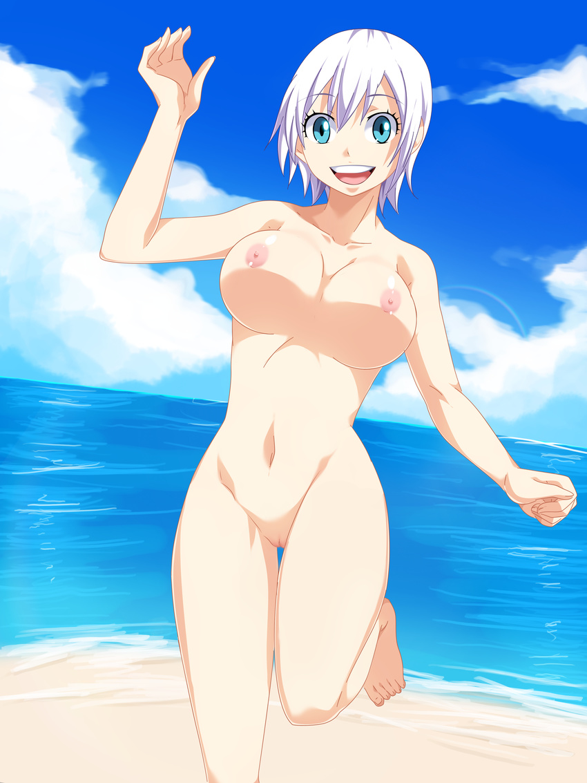 1girl absurdres beach blue_eyes breasts fairy_tail highres large_breasts lisanna lisanna_strauss nude pussy uncensored water white_hair