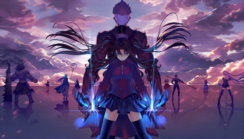 6+boys archer armor artoria_pendragon_(all) assassin_(fate/stay_night) back-to-back bare_shoulders berserker black_hair black_legwear black_skirt blonde_hair blue_eyes blue_hair bracer breastplate cape caster chain clenched_hand cloud cloudy_sky dress dual_wielding fate/stay_night fate_(series) floating_hair gem gilgamesh hand_on_hilt holding holding_sword holding_weapon hullabaloo lance lancer long_hair looking_at_viewer magic multicolored_hair multiple_boys multiple_girls orange_hair outstretched_arm pauldrons planted_sword planted_weapon pleated_skirt polearm ponytail purple_hair reflection rider saber salt_flats skirt sky staff standing strapless strapless_dress sweater sword sword_behind_back thighhighs toosaka_rin true_assassin two-tone_hair two_side_up weapon white_hair wind zettai_ryouiki